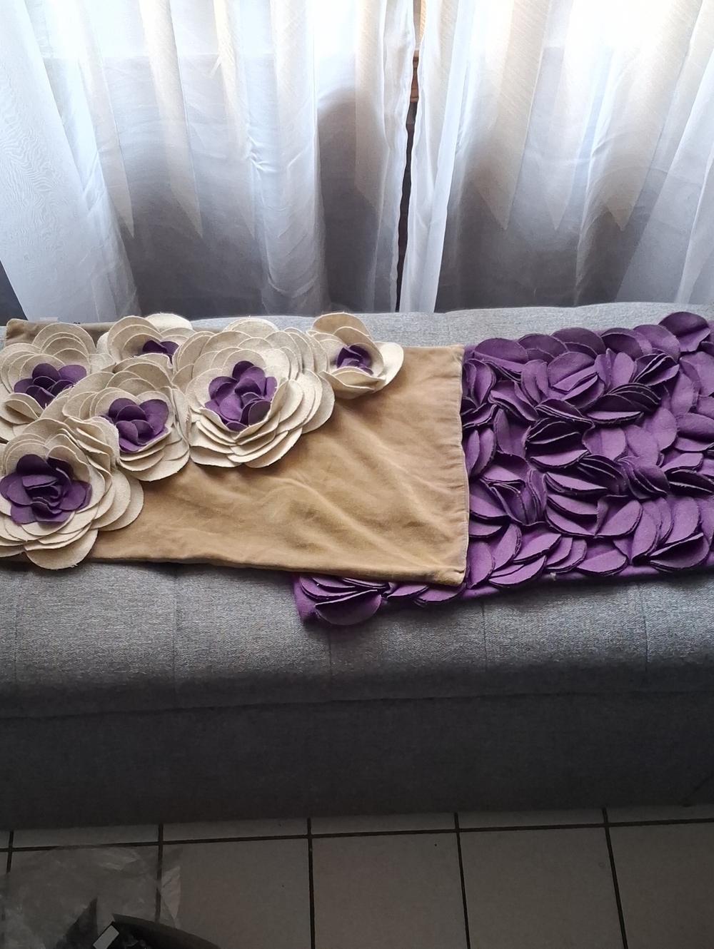 2 Decorative Floral  Lumber Pillow Covers- Purple and Cream